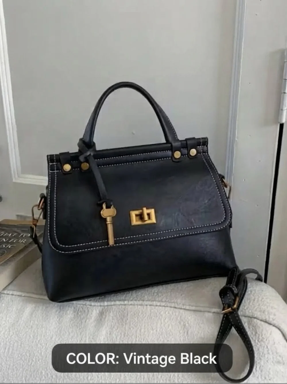 Women’s Black Leather Satchel with Gold Hardware